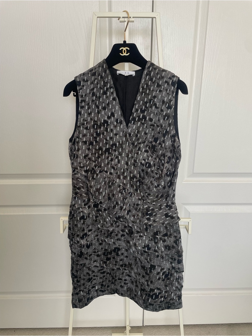 IRO Gray and Black Sleeveless V-Neck Mini Dress